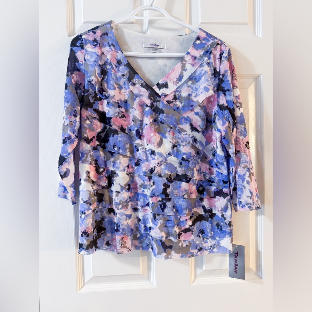 NWT TanJay Women's Multicolor V-Neck Blouse, Petite M